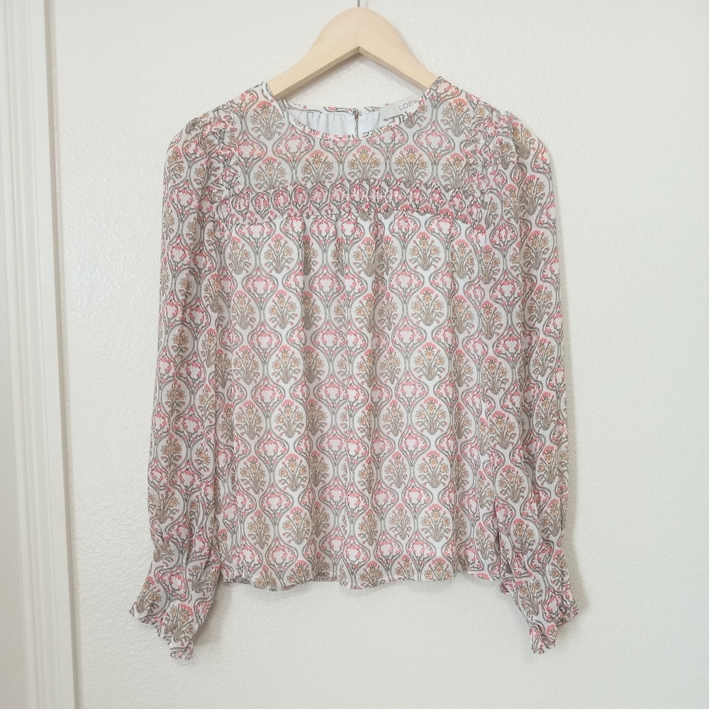 Loft Paisley Floral Sheer Chiffon Fully Lined Blouse Long Sleeve